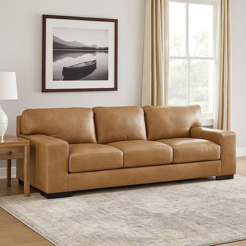 Aida 96 Inch Sofa, Oversized Attached Back Cushions, Plush Brown Leather
