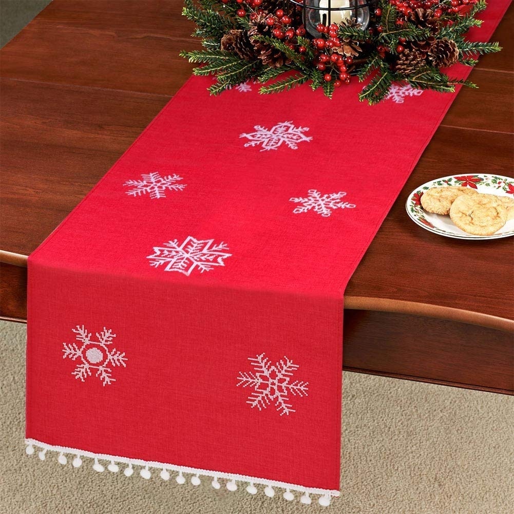 Aytai Embroided Table Runners Christmas Table Runners Christmas Poinsettia Table Runner for Table Decorations Hollow Out Table Runner with Poinsettia Flowers 70 x 15 Inch 