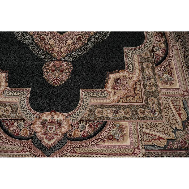 Machine Made Oriental 90% Silk - 10% Polyester Carpet Traditional Medallion Navy Blue & Blues Qum Area Rug - 9' 10'' X 6' 6''