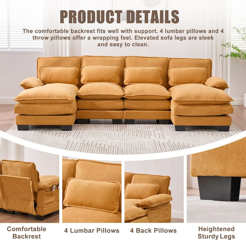 HOMEFUN Chenille Upholstered U-Shaped Modular Wood Frame Sleeper Sectional Sofa with Double Chaise