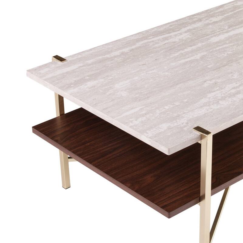 47" Modern Rectangular Coffee Table Brass Finish Metal with Faux Marble Top and Shelf - 47.25”L x 25.5”W x 18”H