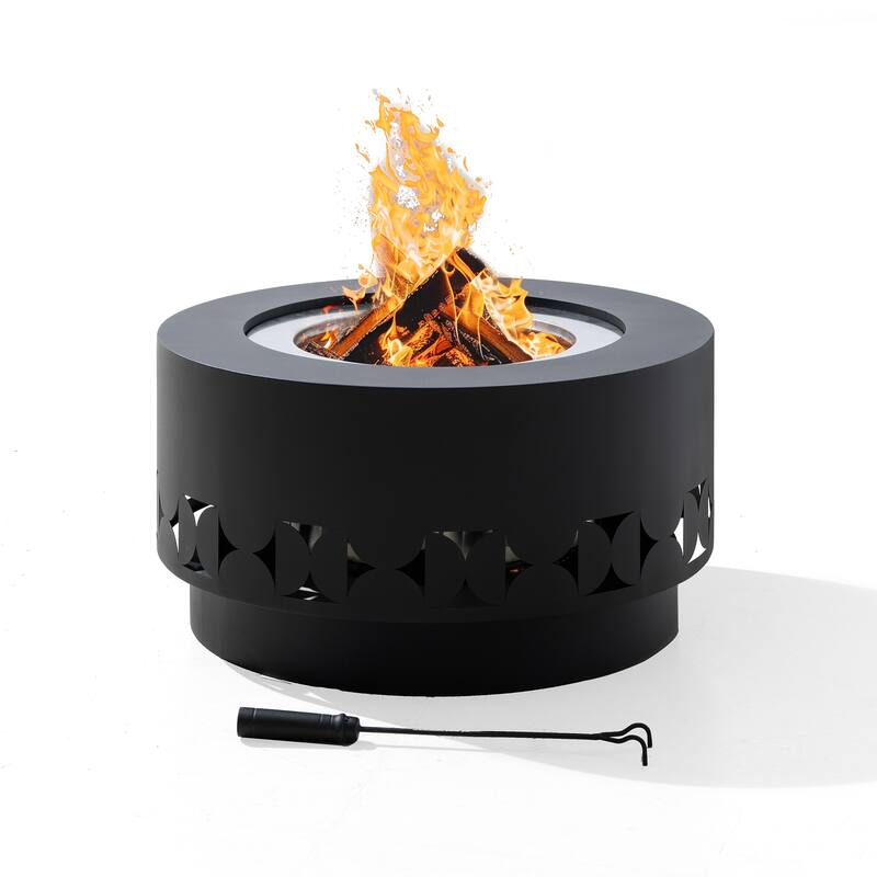 Sunjoy 28 In Smokeless Fire Pit Wood Burning Fireplace with Removable Ash Pan and Fire Poker - N/A - Matte hammered black-3