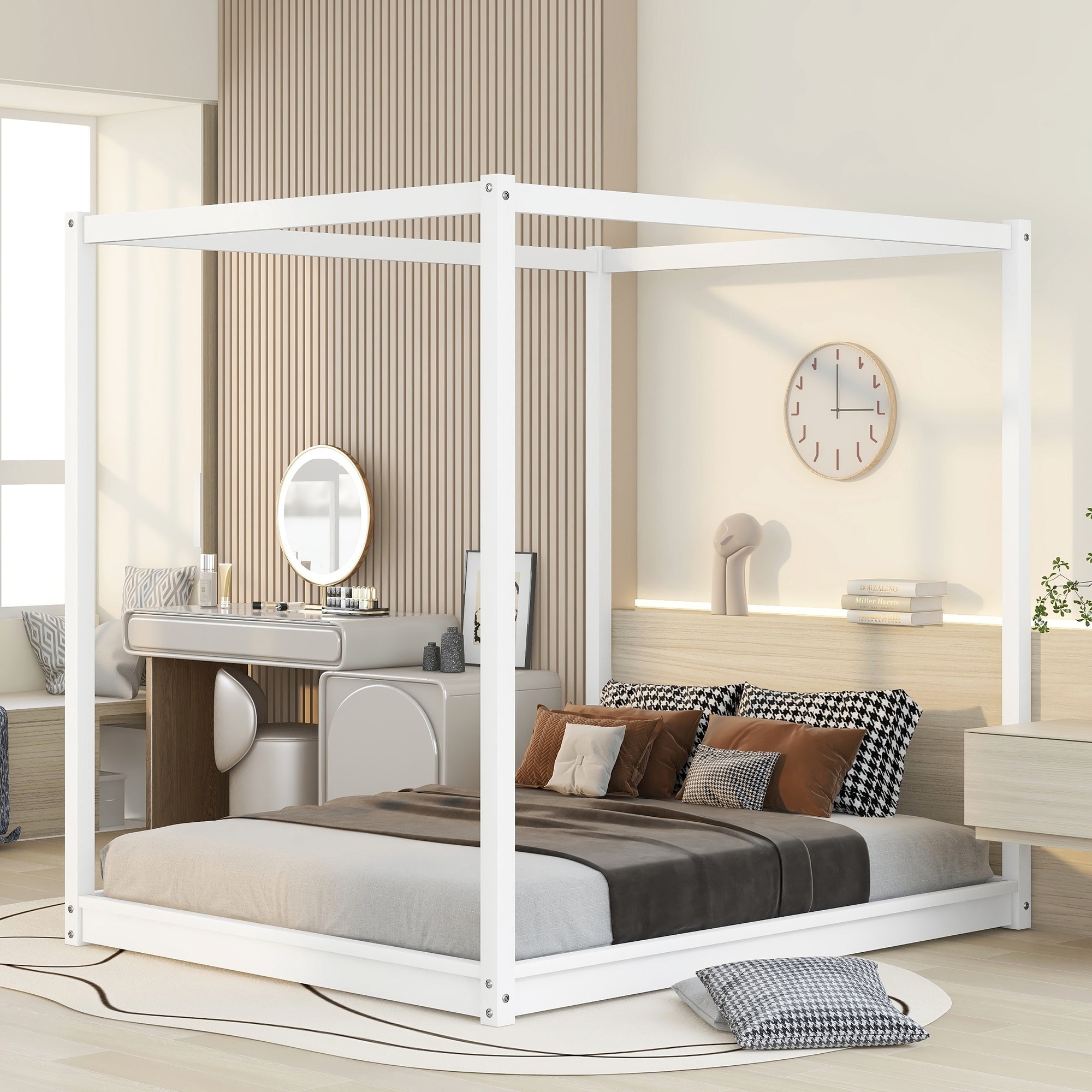 Queen Size Wooden Canopy Bed w/ Support Legs Upholstered Platform Bed Frame for Bedroom, No Box Spring Needed, Easy Assembly