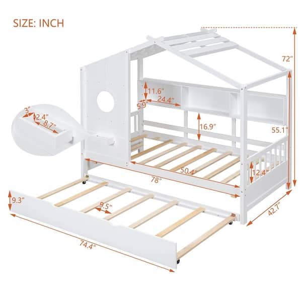 dimension image slide 1 of 2, Wooden Twin Size House Bed With Trundle, Modern Design for Kids with Storage Shelf