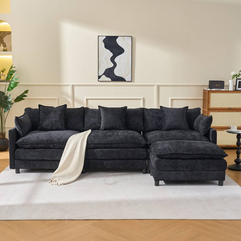 L Shaped Modular Sectional Sofa with Movable Ottoman, Chenille Upholstered Cloud Couch, Deep Seat Sofa with Pillow - Black