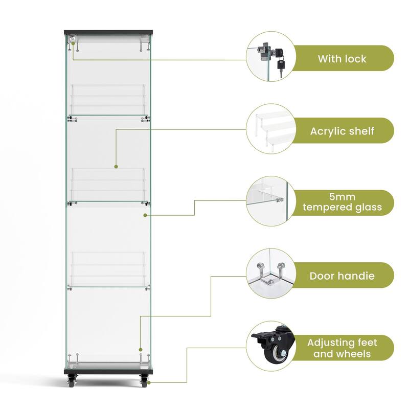 4-Tier Glass Display Cabinet with Lock and Wheels, Single Door Storage Case with 3 Acrylic Shelves for Collectibles and Office