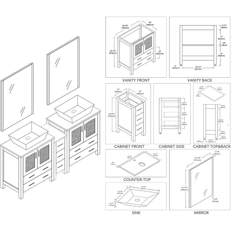 Blossom Sydney 72 Inch Double Sink Vanity with Side Cabinet & Mirrors