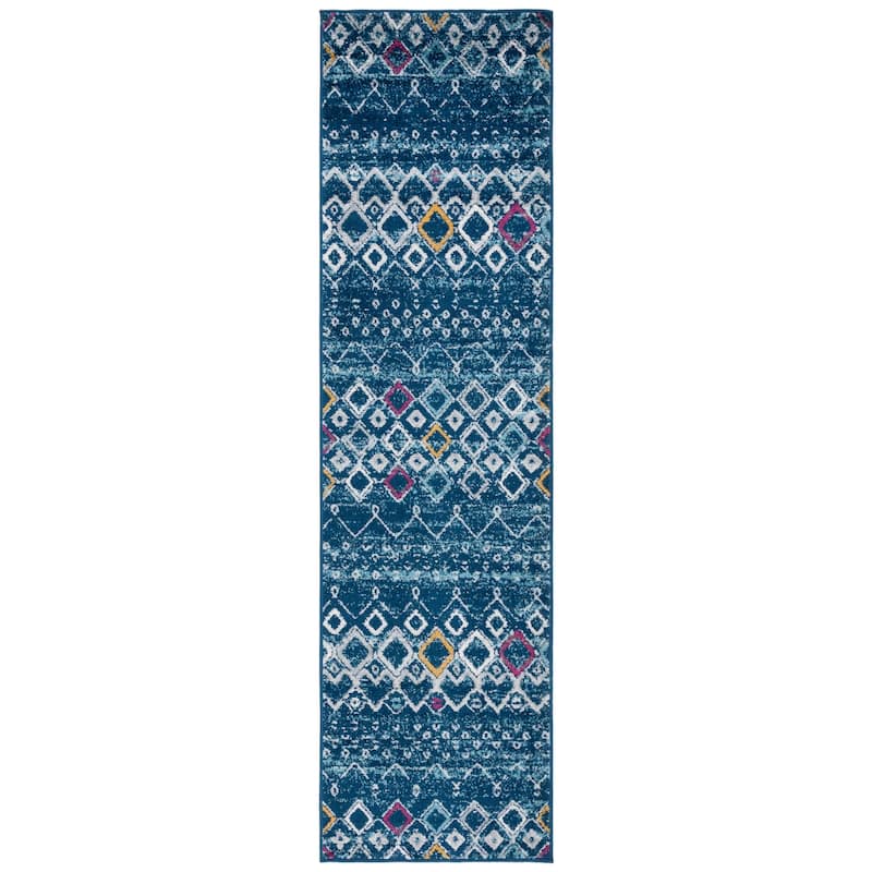 SAFAVIEH Amsterdam Iskra Moroccan Boho Rug - 2'3" x 6' Runner - Navy/Turquoise
