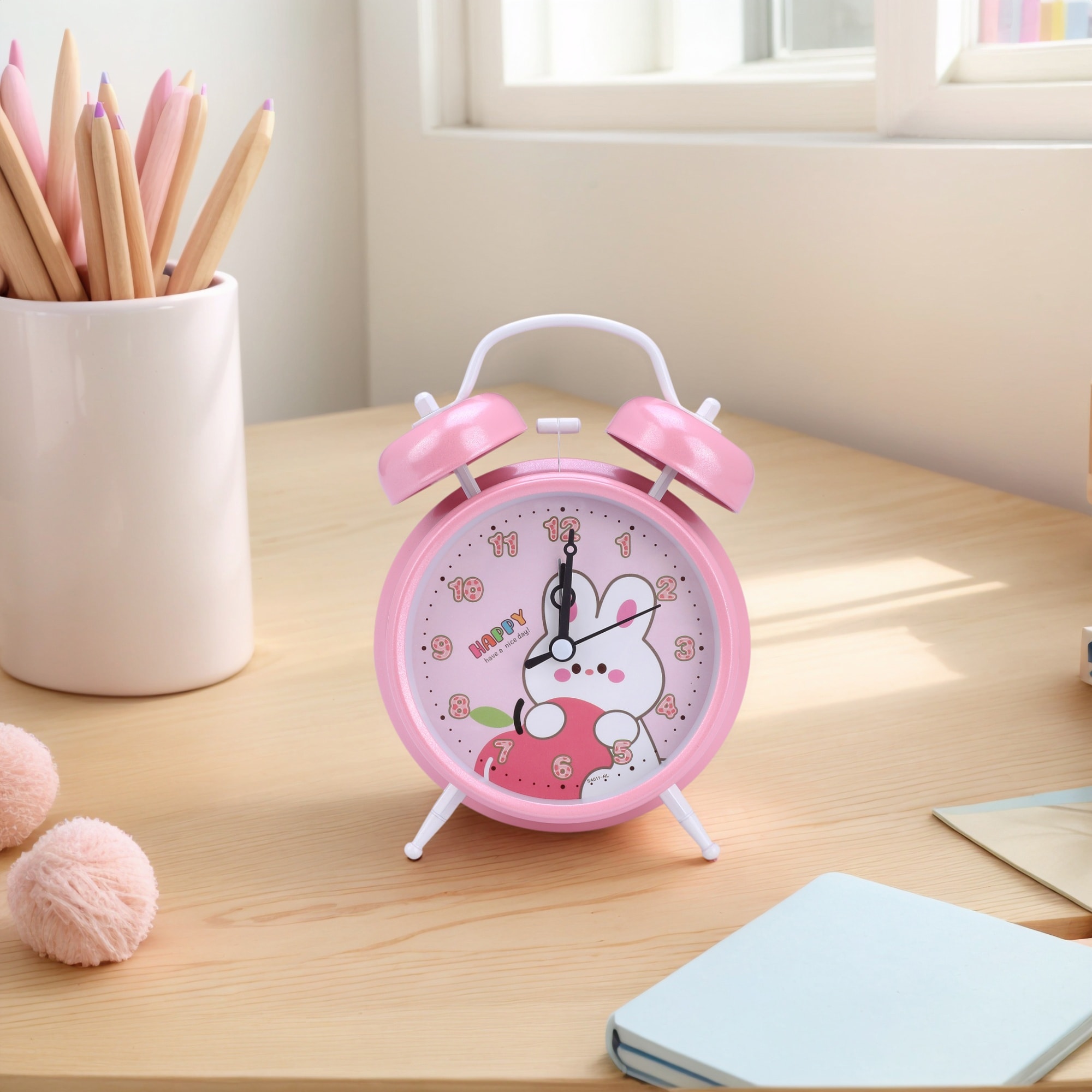 Cute Alarm Clock, Rabbit Pattern, Loud Alarm, Dual Bell Design, Loud Alarm for Bedroom 4.6"Lx2.2"Wx6.6"H - 4.6"L x 2.2"W x 6.6"H