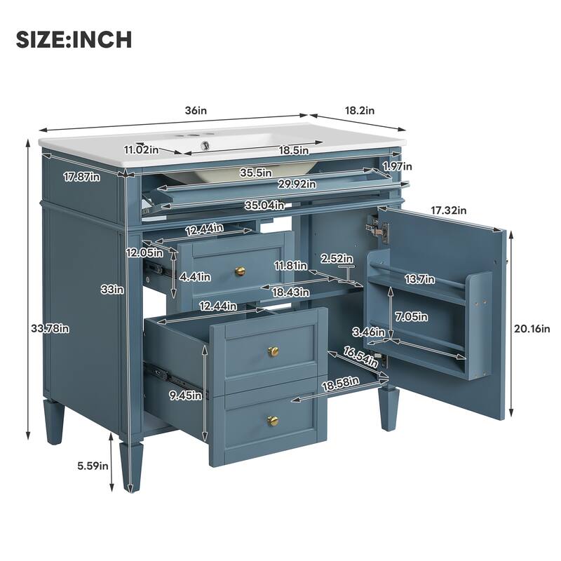 36'' Freestanding Bathroom Vanity with White Integrated Ceramic Sink