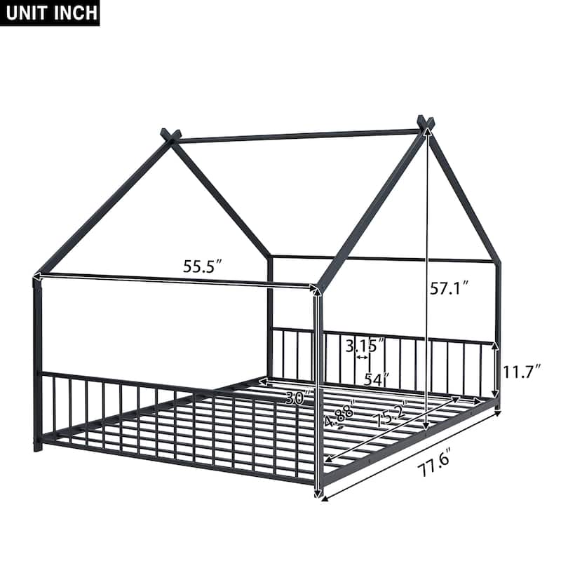 Metal House Bed with Roof, Fence, and Back