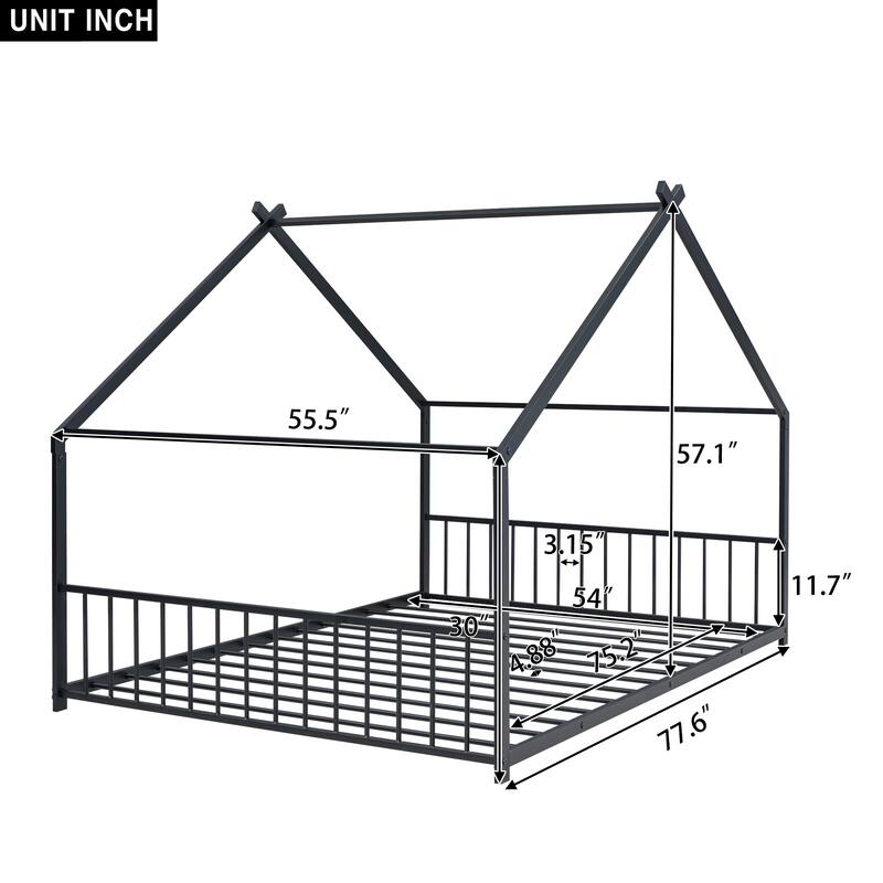 Twin/Full Size Montessori Floor Bed for Kids, Metal House Bed Frame w/Fence & Roof, Kids Playhouse Bed, Metal Platform Bedframe