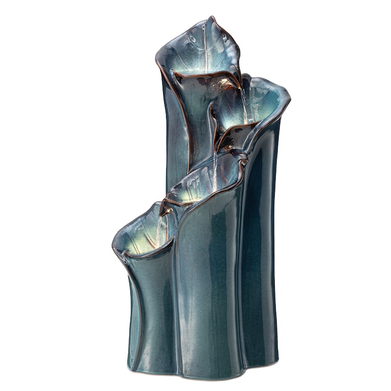 Glitzhome 31"H 4-Tiered Lotus Leaf Textured Ceramic Vase Outdoor Floor Fountain with LED - Green
