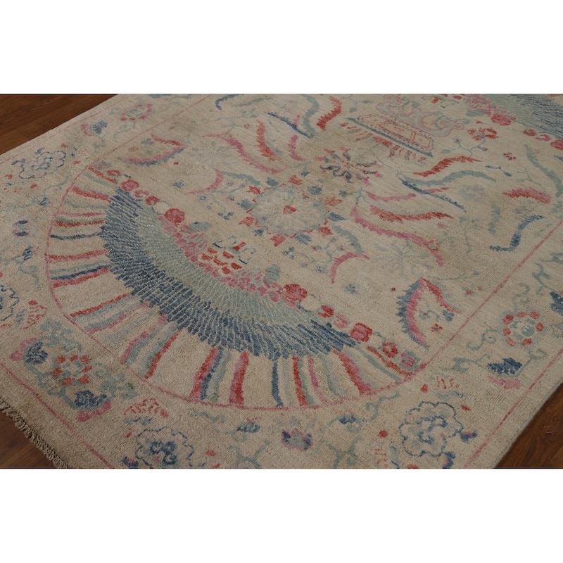 Vegetable Dye Beige Art Deco Turkish Rug Hand-Knotted Wool Carpet - 5'0"x 6'11"