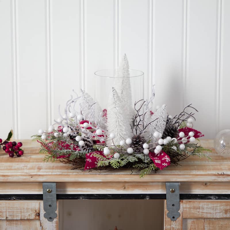 15" Holiday Lighted Forest Candle Holder Table Christmas Arrangement - 9.5