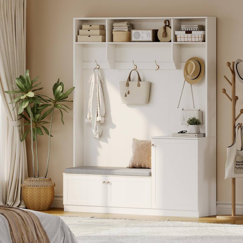 78.7 Inch Tall Hall Tree with Bench and Shoe Storage,Modern Entryway Bench with Coat Rack,4 Hanging Hooks