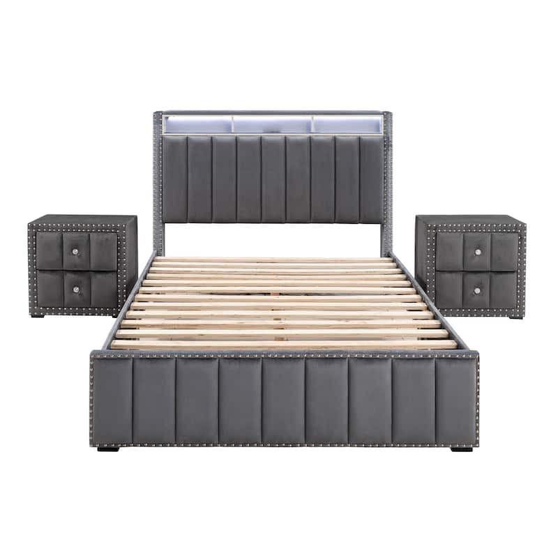 247 Shop At Home Fynor Modern 3-Piece Velvet Full Storage Platform Bedroom Set