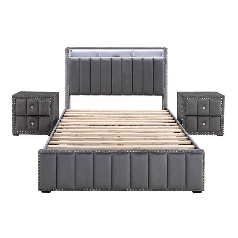 247 Shop At Home Fynor Modern 3-Piece Velvet Queen Storage Platform Bedroom Set