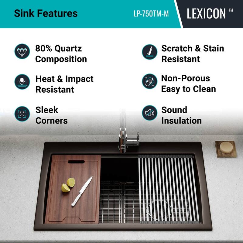 33 Inch Lexicon Platinum Quartz Composite Drop-in Undermount Single Bowl Workstation Galaxy Mocha Kitchen Sink LP-750TM-M