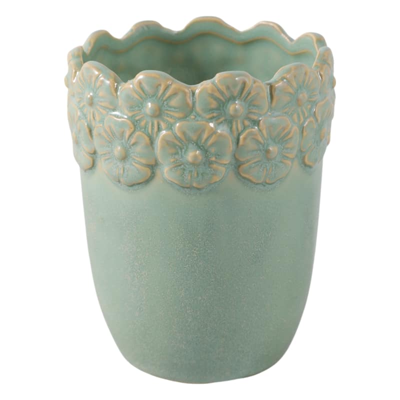 Ceramic Decorative Storage Container Ornate Embossed Floral Rim - 3.25" x 3.25" x 4.25"