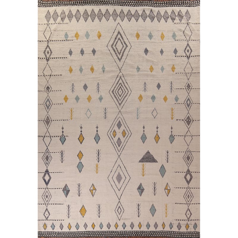 Geometric Ivory Moroccan Oriental Large Area Rug Handmade Wool Carpet - 11'8"x 15'9"
