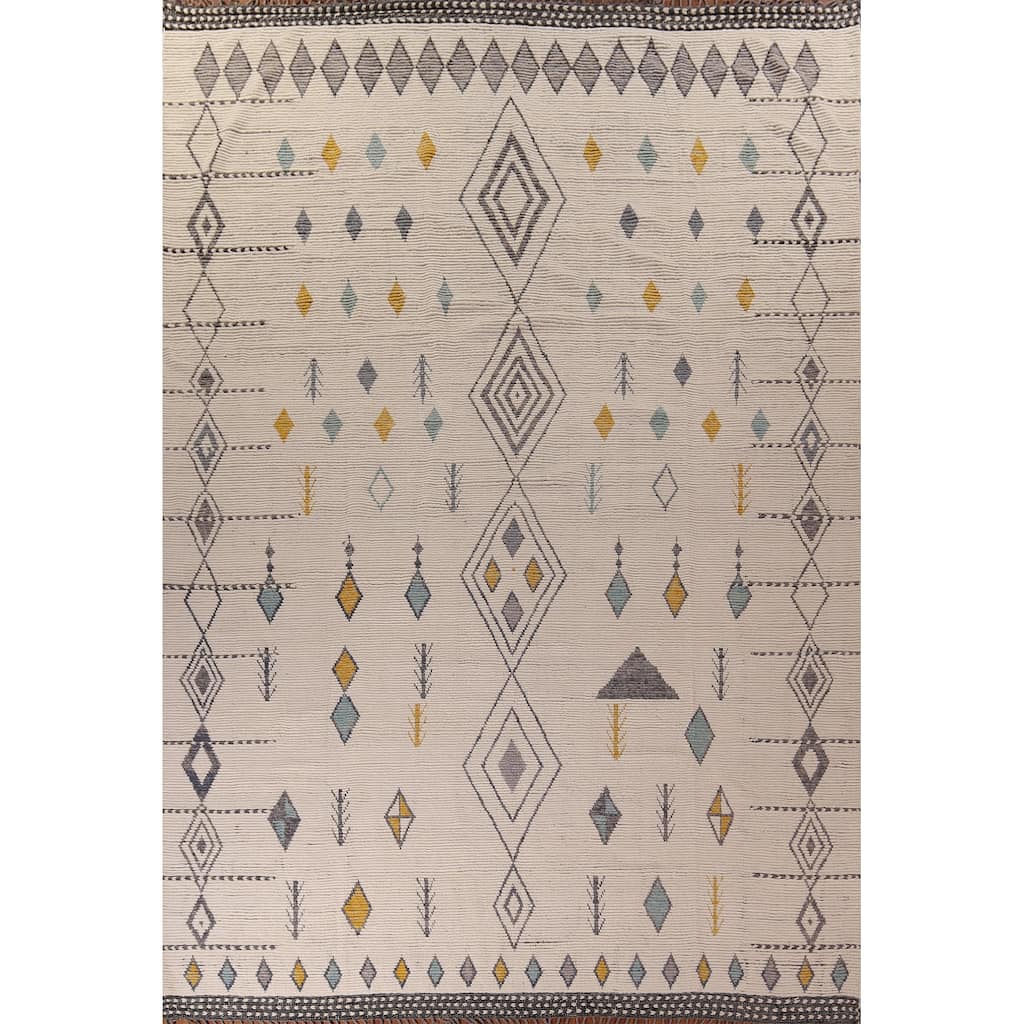 Geometric Ivory Moroccan Oriental Large Area Rug Handmade Wool Carpet - 11'8"x 15'9"