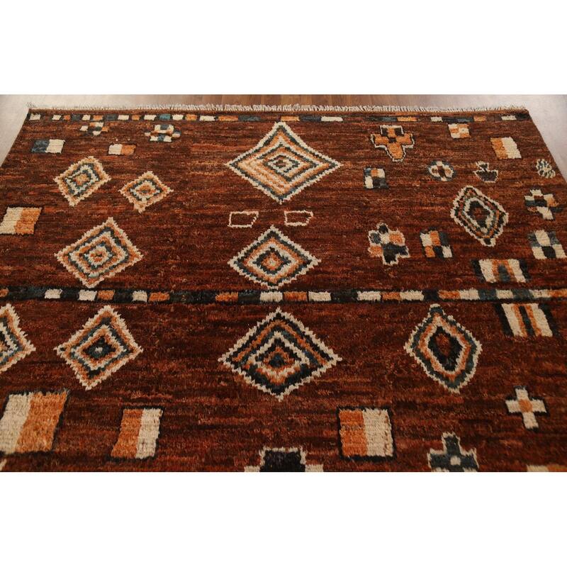 Hand Knotted Oriental 100% Wool Carpet Modern Tribal Brown Moroccan Area Rug - 9' 6'' X 6' 9''