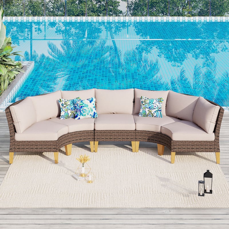 11-Piece Outdoor Wicker Half-Round Furniture Set, Half-Moon Sectional Sofa Set All Weather Rattan Curved Conversation Sets