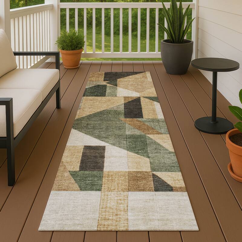 Machine Washable Indoor/ Outdoor Modern Geo Chantille Rug - Fern - 2'3" x 7'6"