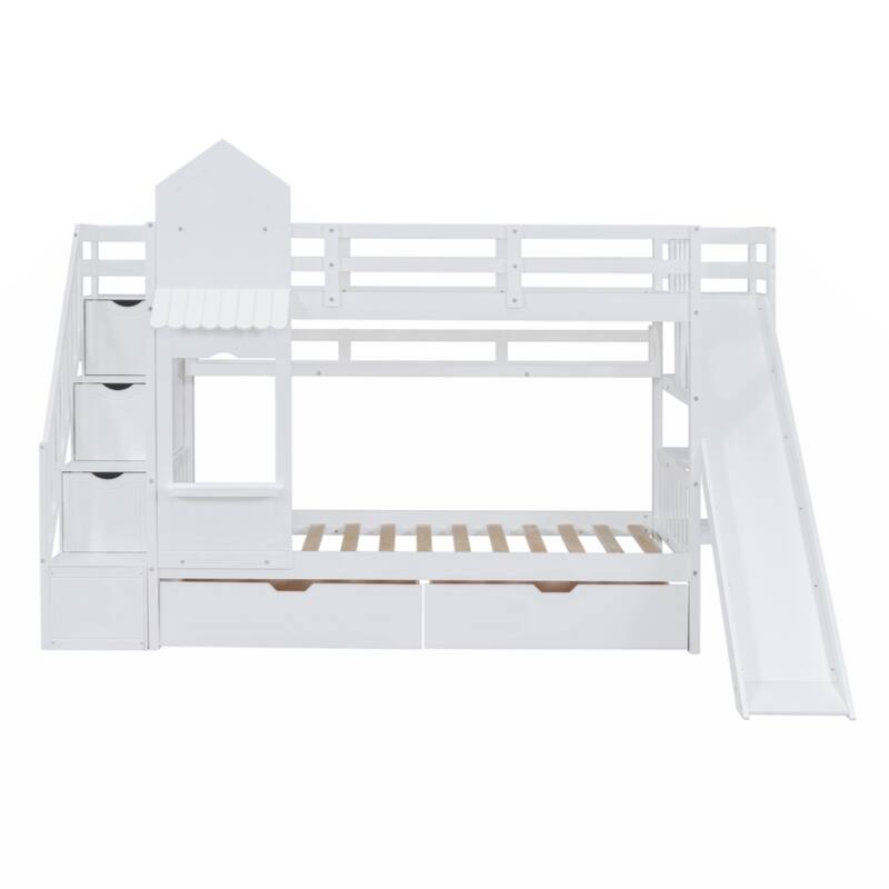 Twin-Over-Twin Castle Style Bunk Bed with 2 Drawers 3 Shelves and Slide