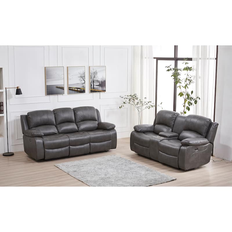 Betsy Furniture 2 Piece Bonded Leather Reclining Living Room Set, Sofa and Loveseat - Grey