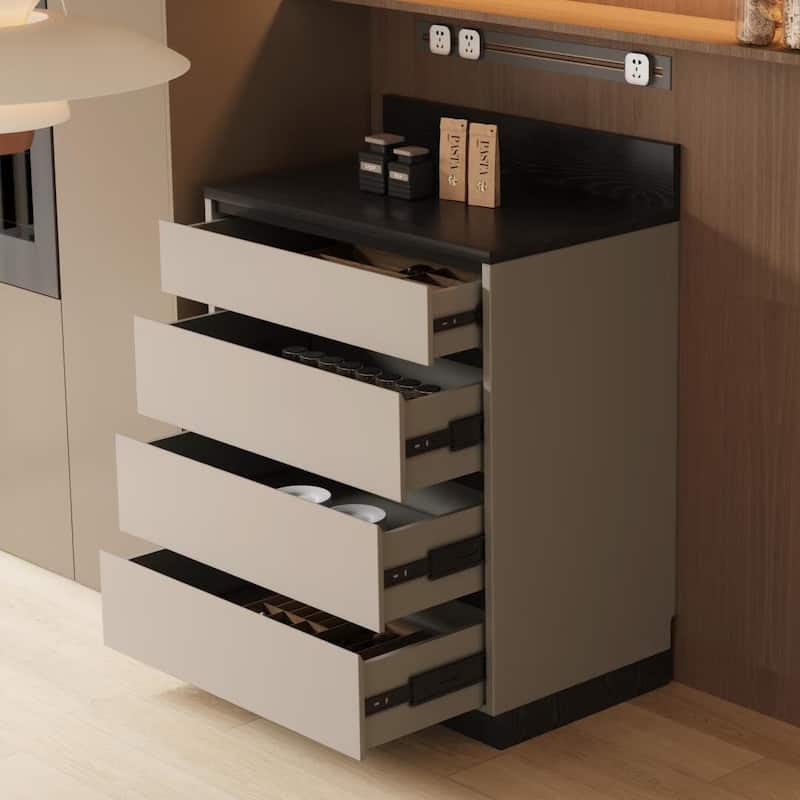 Modern 6-Drawer Storage Cabinet with Wavy Design and Black Wood-Grain Desktop