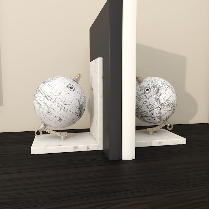 Marble Globe Decorative Bookends with Silver Metal Accents - Set of 2 White - Roche River Decor