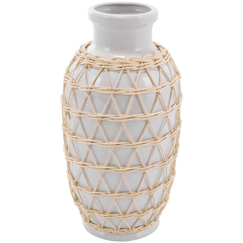 White Ceramic Vase with Woven Rattan Exterior - 7"W, 14"H