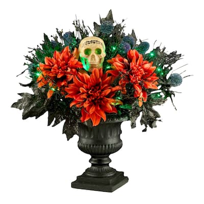 National Tree Company 20" Artificial Boo-tiful Halloween Urn with Orange Florals and White Skull, 30 Green LED Lights - 20 in