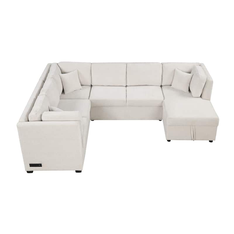 Roomfitters 108.6" U-Shaped Sectional Sofa Pull-Out Sofa Bed with USB Ports, Power Sockets, Back Pillows, Beige