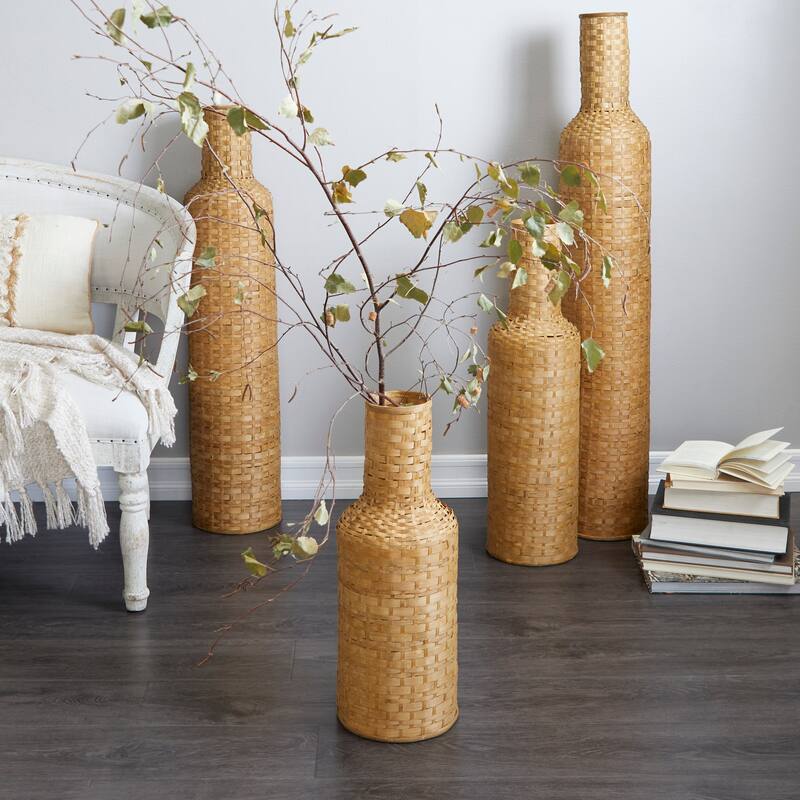 Intricately Woven Tall Bamboo Wood Floor Vase - White or Brown
