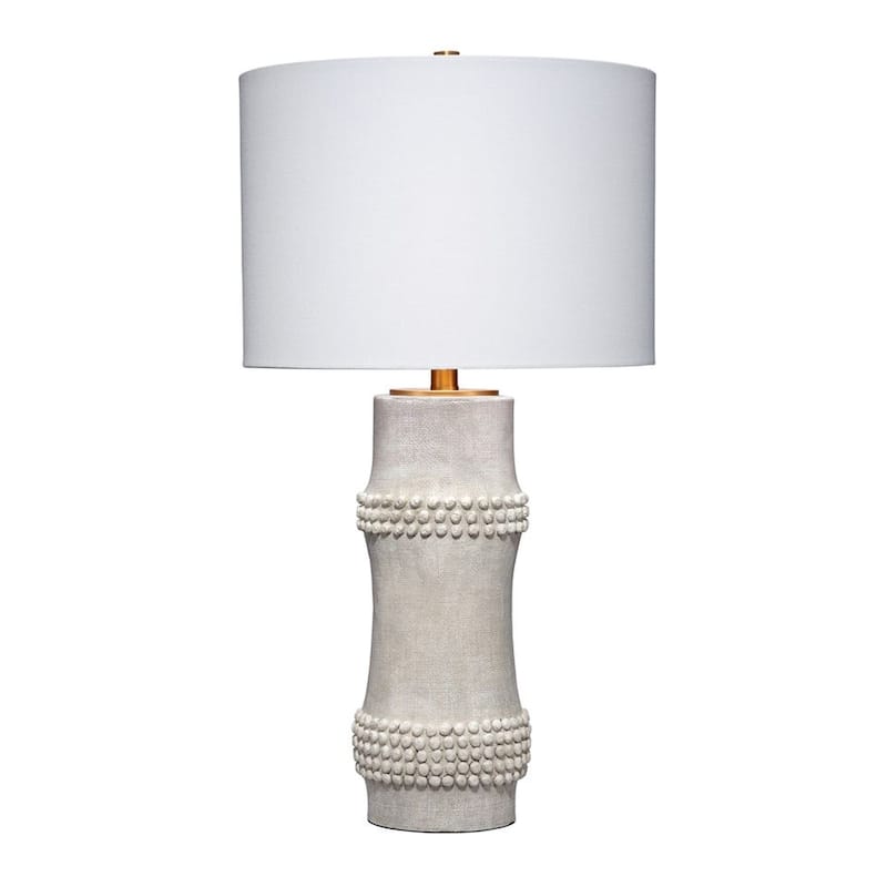 Lemy 28 Inch Table Lamp, Round Linen Drum Shade, Dotted White Base