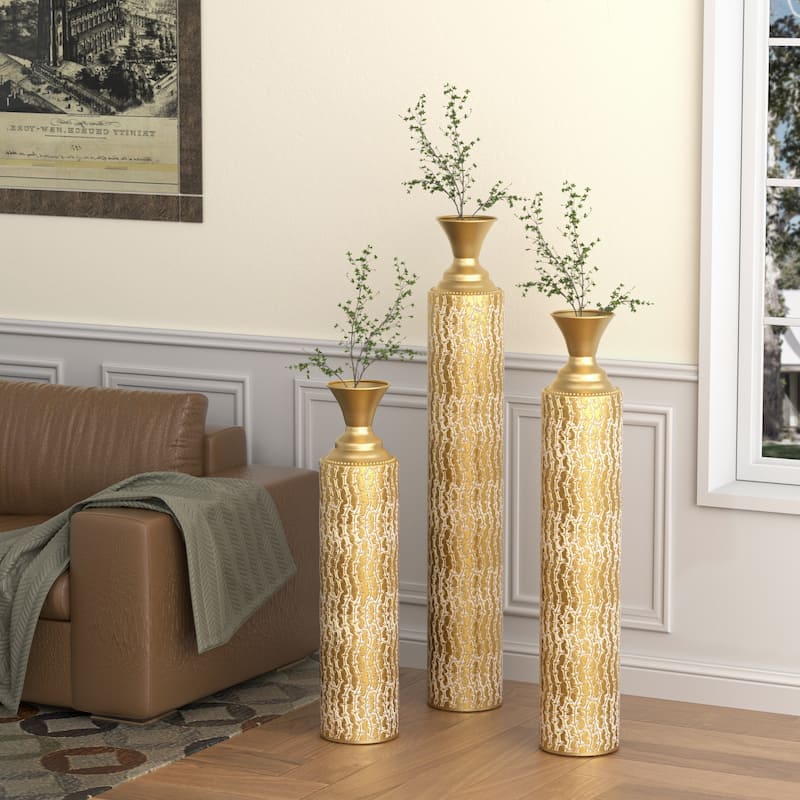 Floor Metal Decorative Vase Tall Distressed Metallic Centerpiece Vases with Pattern, Set of 3 Vases