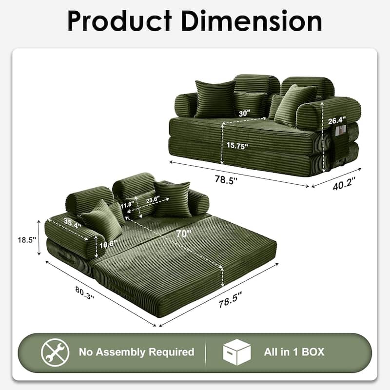 Convertible Sleeper Sofa Bed, 78.5" Corduroy Foldable Loveseat Sofa, King Size Floor Mattress Couch, No Assembly Required