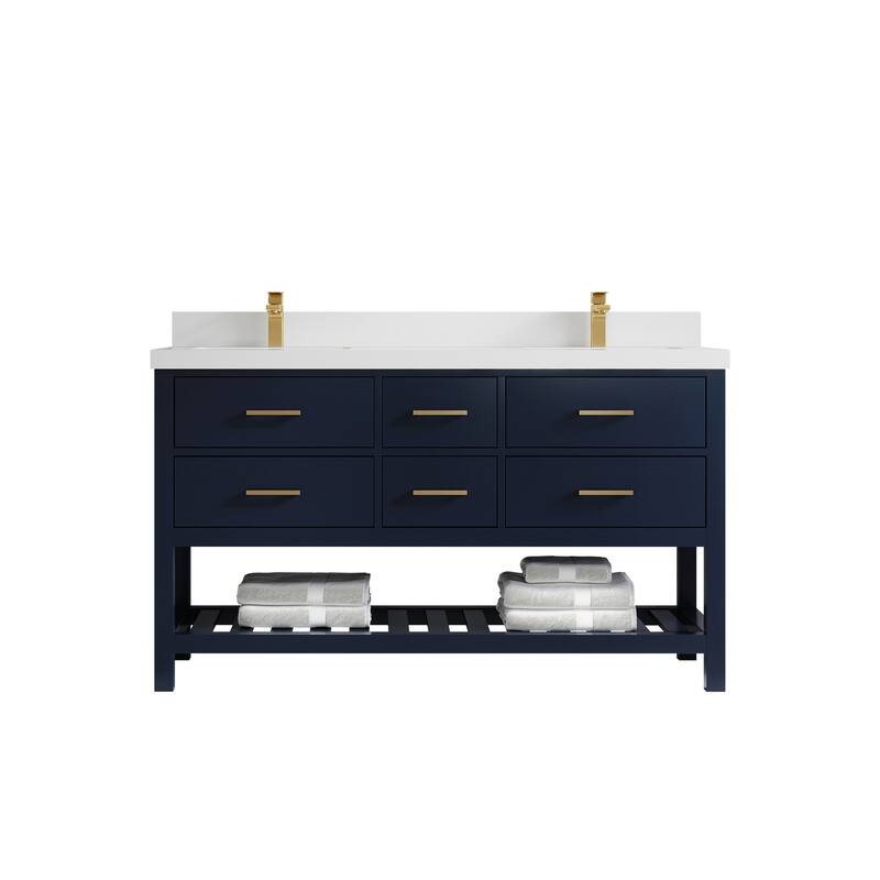 Willow Collections 60 in. W x 22 in. D Parker Double Sink Bathroom Vanity with Countertop - 2" White Quartz - Navy Blue