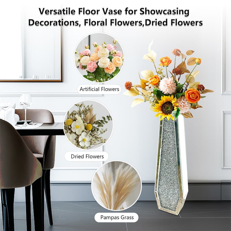 Large Mirrored Floor Standing Vases Crushed Diamond Crystal Glass for Holding Dried Flowers Plant