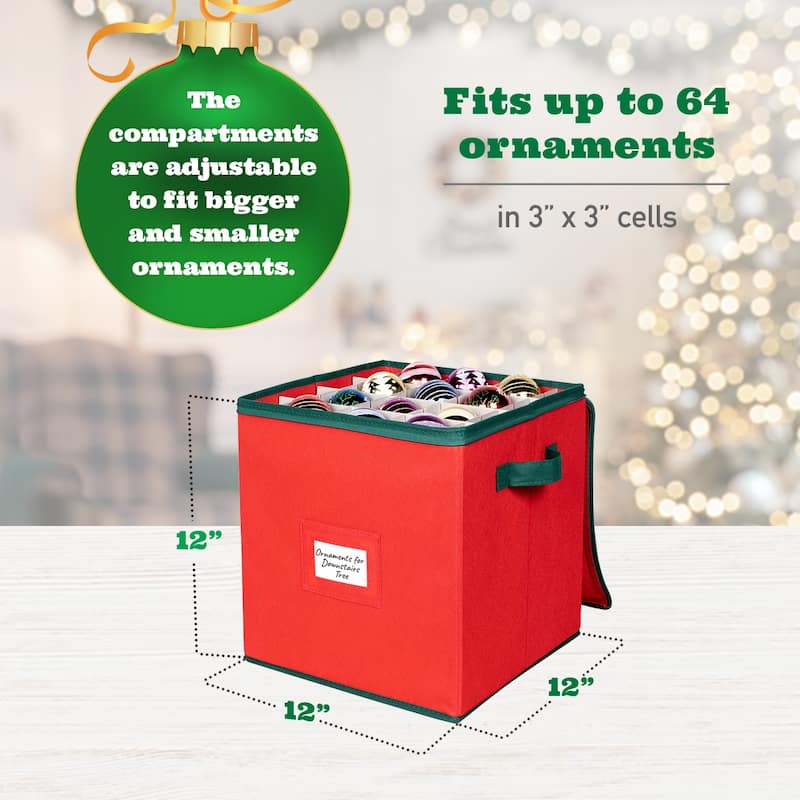 Christmas Ornament Storage Container – Fits up to 64 Ornaments 3” x 3” – Durable Xmas Ornaments Box - Adjustable Compartments