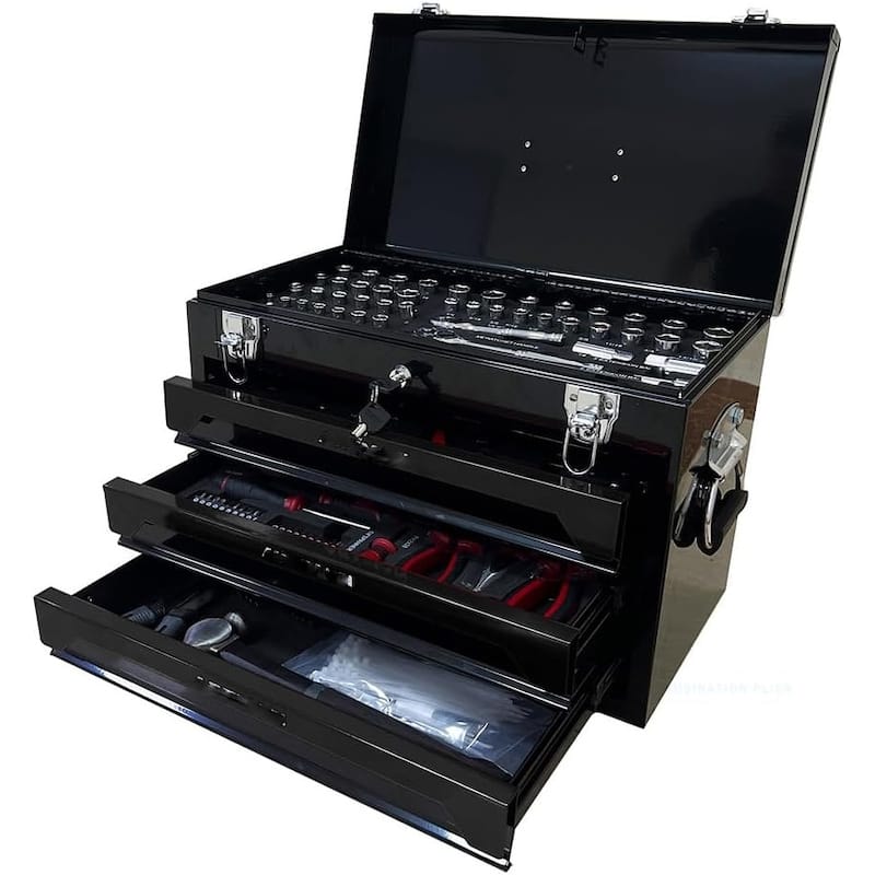 Utility Tool Box with Tool Set, 3 Drawers Metal Toolbox with Ball-Bearing Drawer Slides Safe Lockable Tool Storage Cabinet