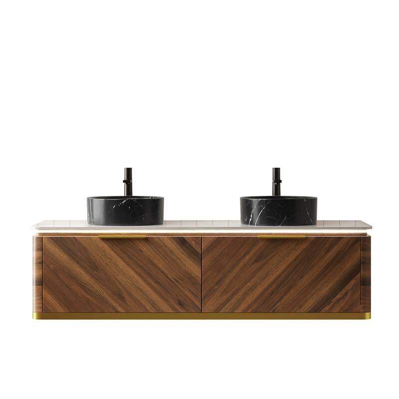 Floating Bathroom Vanity with Sintered Stone Top and Black Ceramic Round Basin