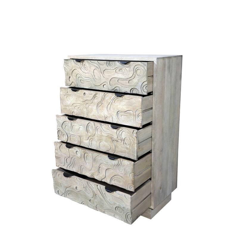 HomeRoots 35" Gray Carved Abstract Solid Wood Five Drawer Dresser