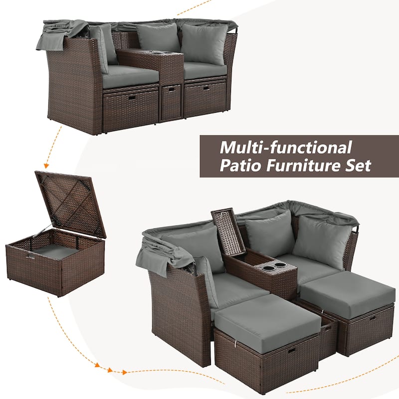 2-Seater Outdoor Patio Daybed Outdoor Double Daybed Outdoor Loveseat Sofa Set with Foldable Awning and Cushions for Garden