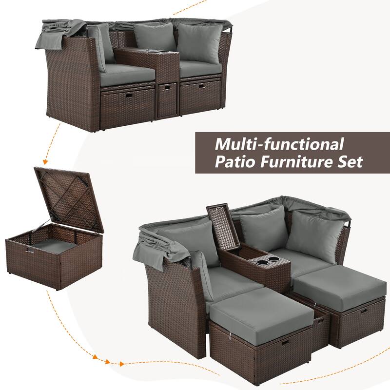 Outdoor 2-Seater Patio Daybed Set with Foldable Awning and Cushions
