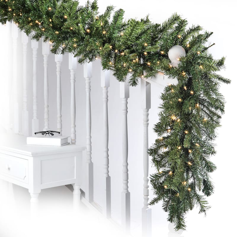 LED New Zealand Pine Garland 14"X9'150 Clear Lights 320 Branch Tips - Natural Green - 14"W x 9'L