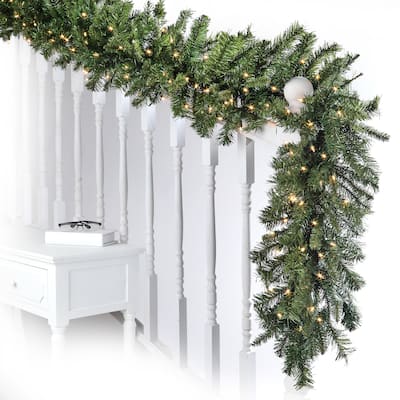 LED New Zealand Pine Garland 14"X9'150 Clear Lights 320 Branch Tips - Natural Green - 14"W x 9'L